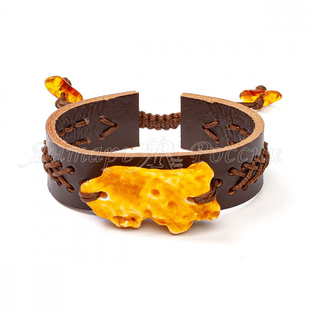 Браслет кожа  Янтарь